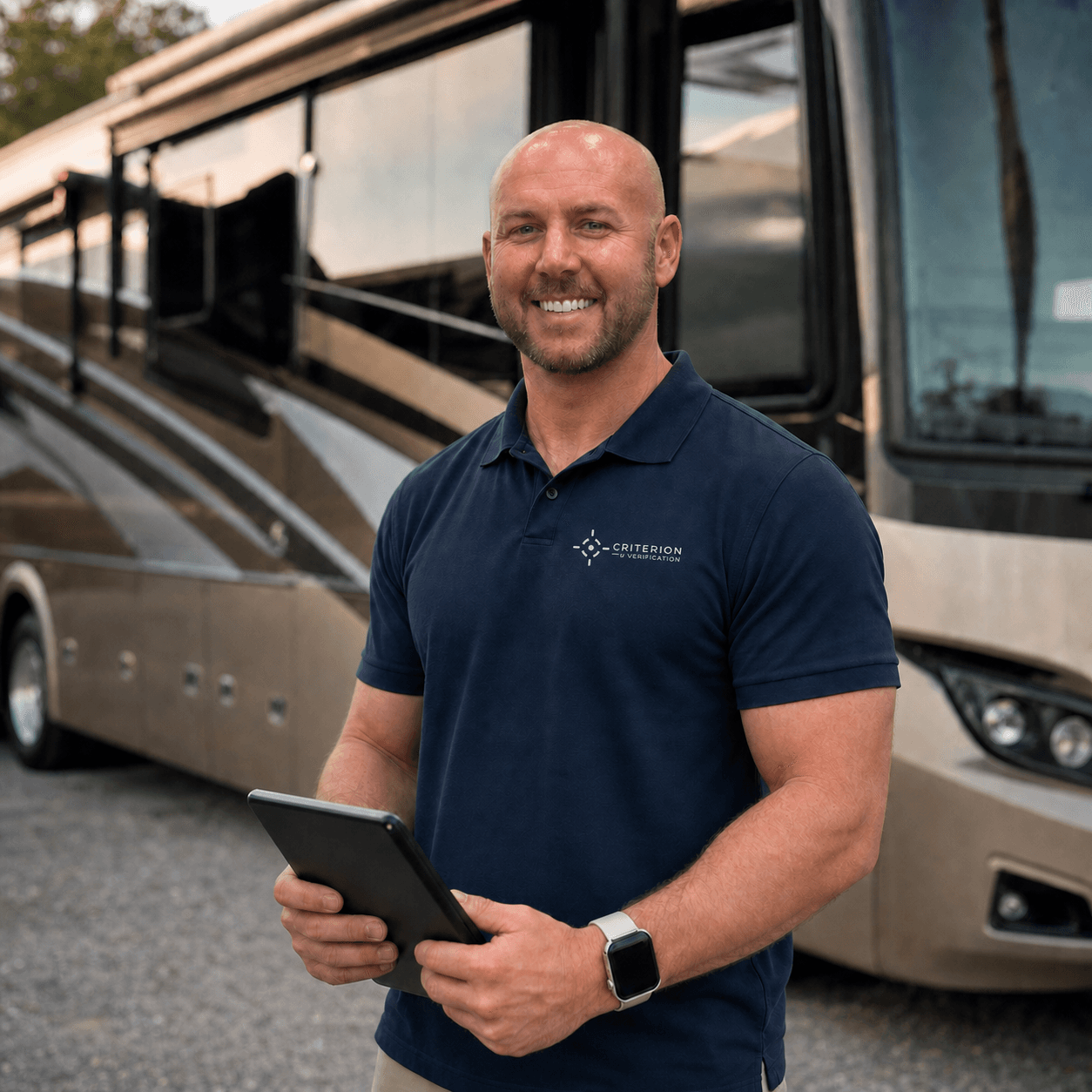 Tim Holly, founder of Criterion RV Verification, standing beside an RV