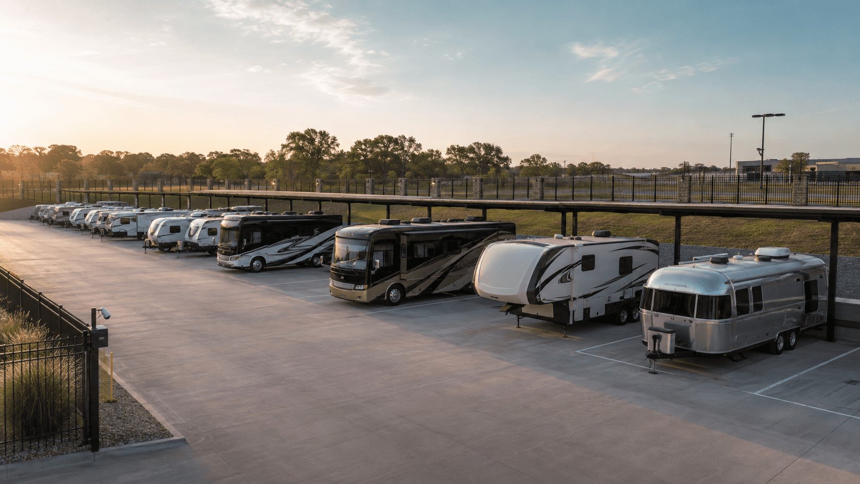 Travel trailers, fifth wheels, and motorhomes in an RV storage facility