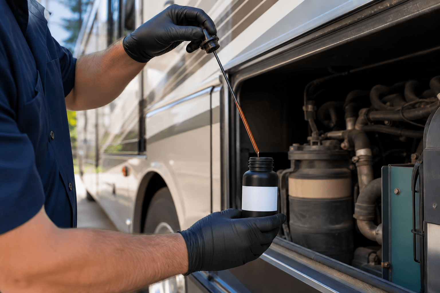Fluid sample being collected in a black plastic laboratory bottle from a motorhome component
