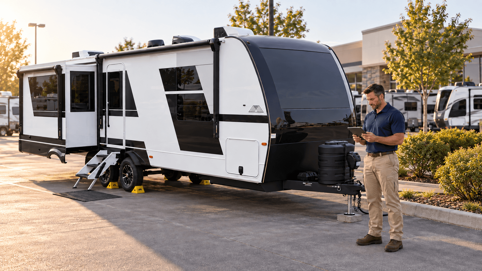 RV inspector reviewing preparation details beside a travel trailer at an outdoor dealership