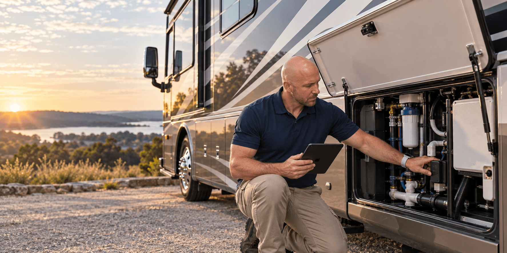 Tim Holly examining an accessible motorhome service compartment during a comprehensive RV inspection