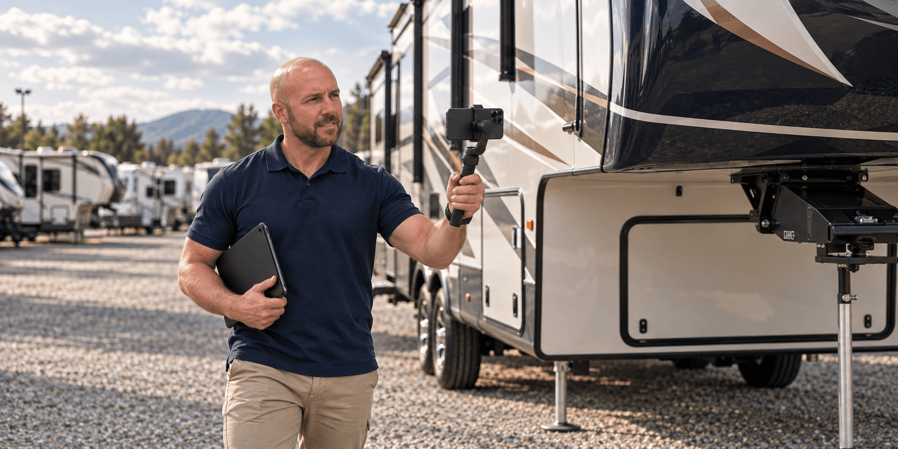 Tim Holly conducting a remote video walkthrough beside a fifth-wheel RV